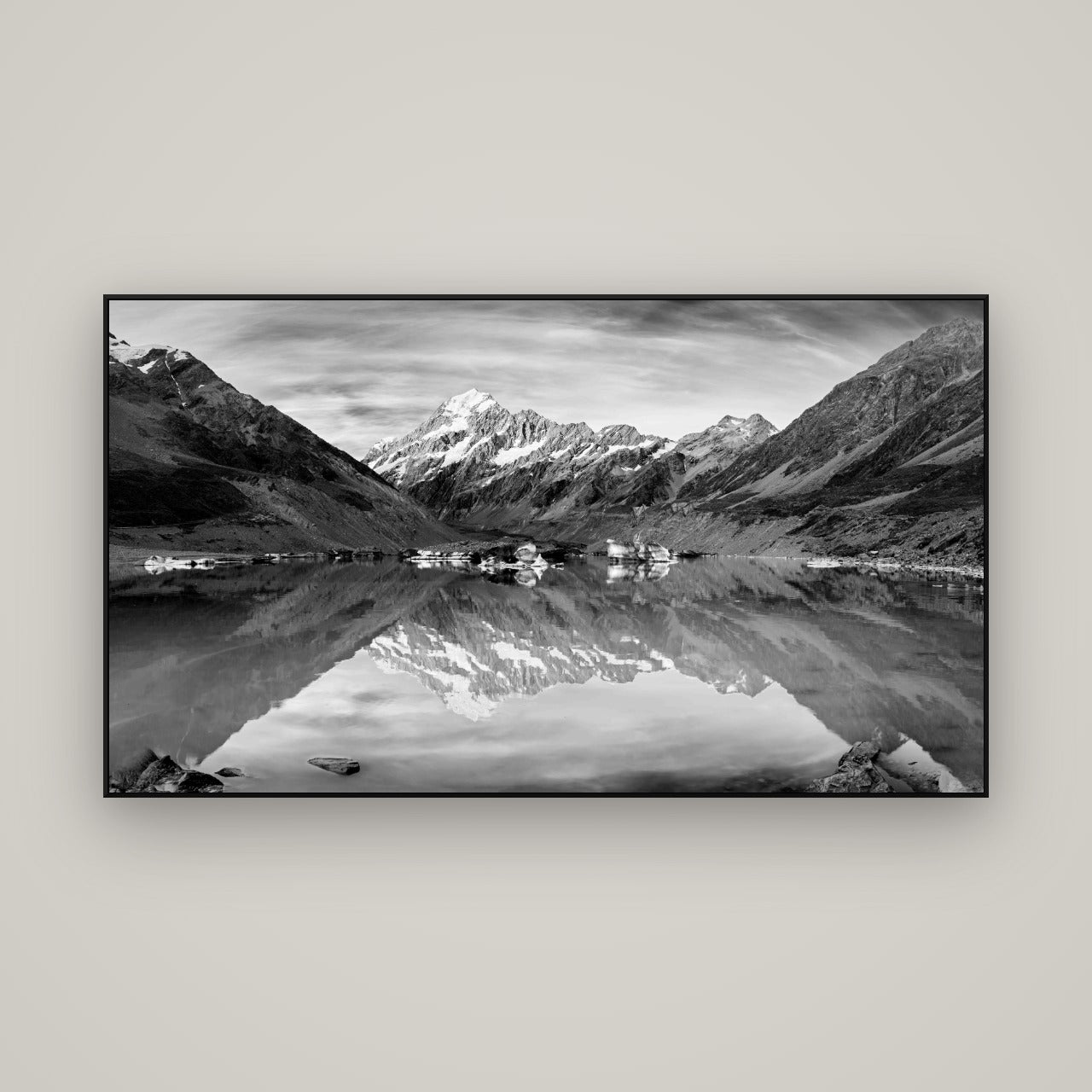 The Mirror Peak, Mount Cook — ArtBox Black, 160×90 cm. New Zealand fine art wall art by Stephen Milner.