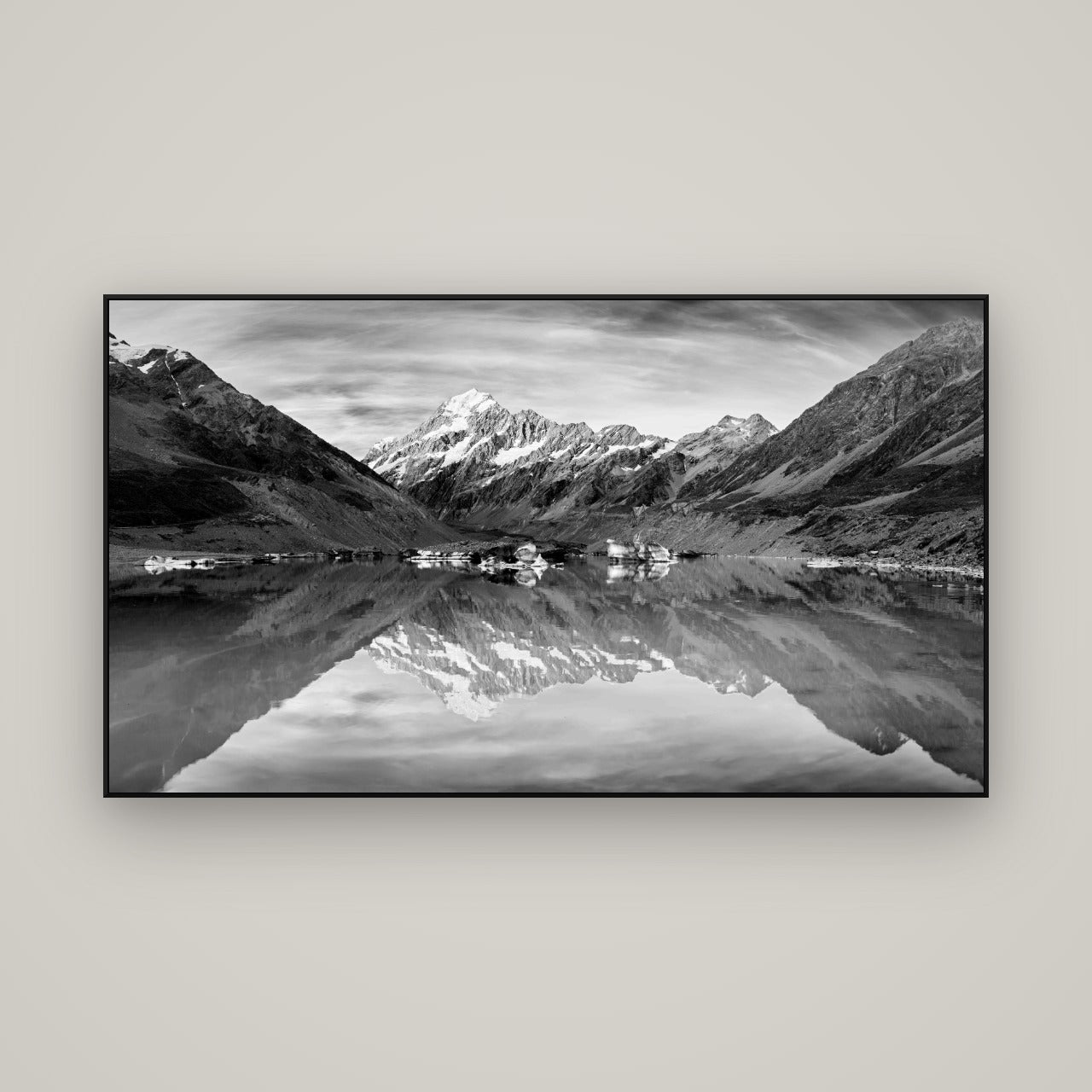 The Mirror Peak, Mount Cook — ArtBox Black, 160×90 cm. New Zealand fine art wall art by Stephen Milner.