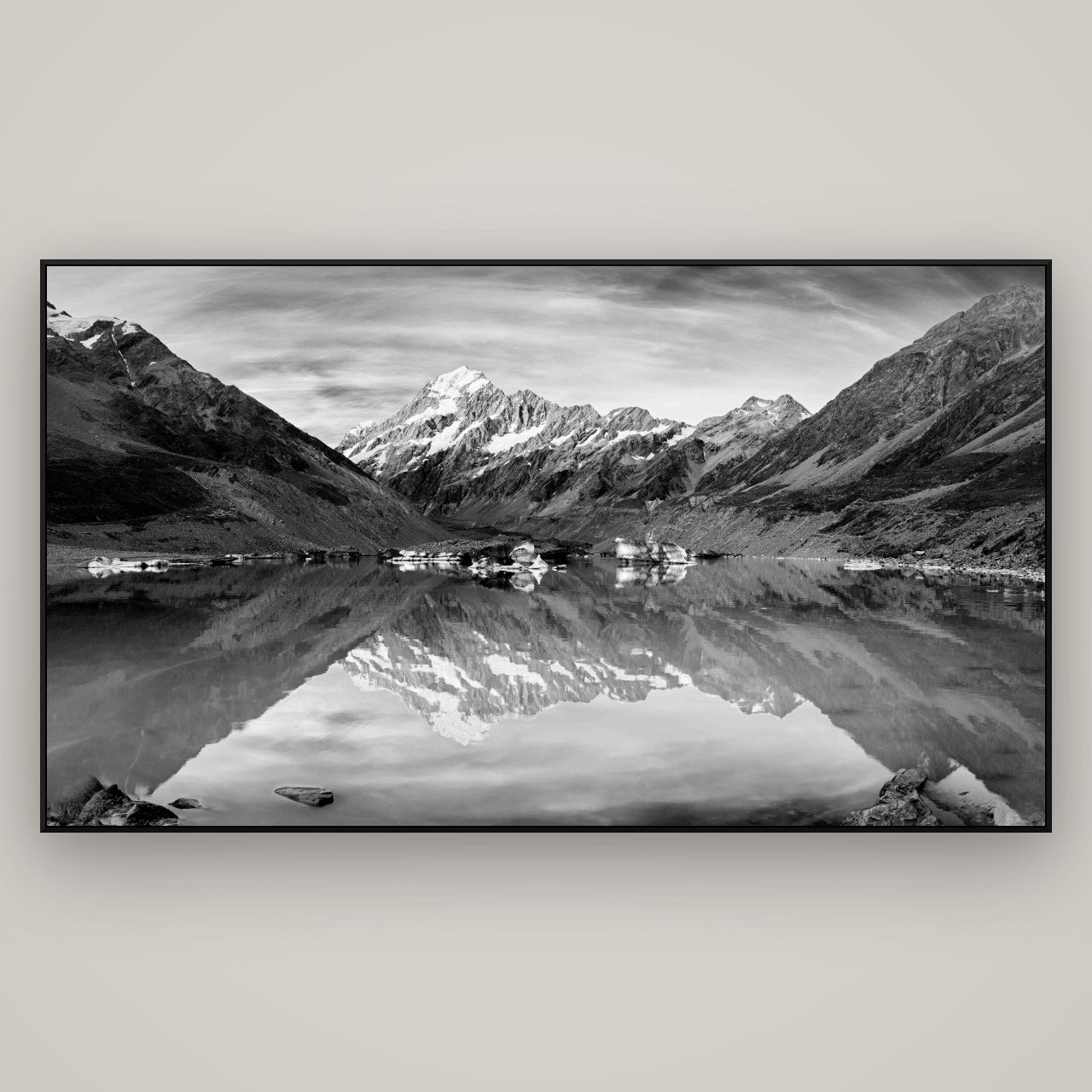 The Mirror Peak, Mount Cook — ArtBox Black, 196×110 cm. New Zealand fine art wall art by Stephen Milner.