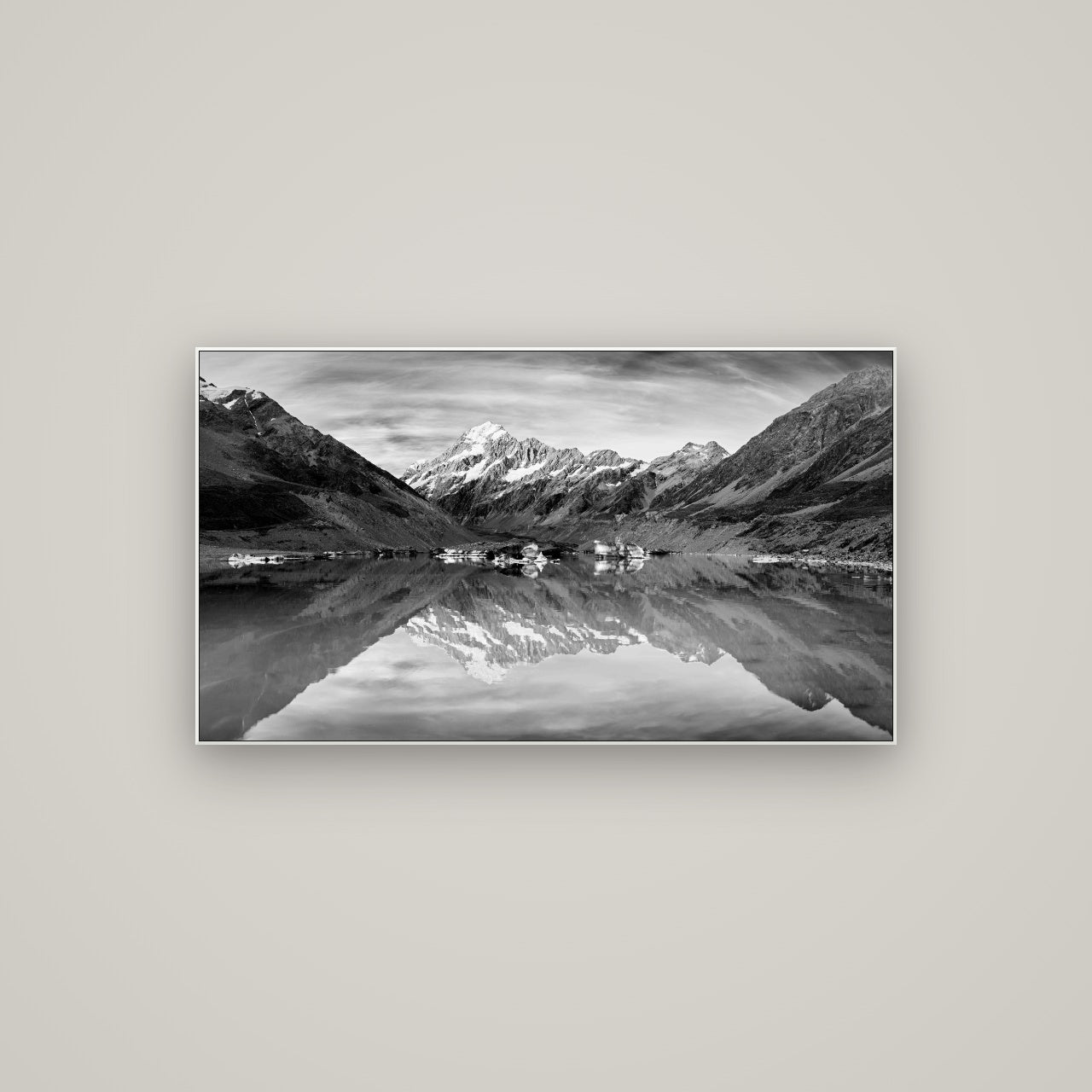 The Mirror Peak, Mount Cook — ArtBox White, 107×60 cm. New Zealand fine art wall art by Stephen Milner.