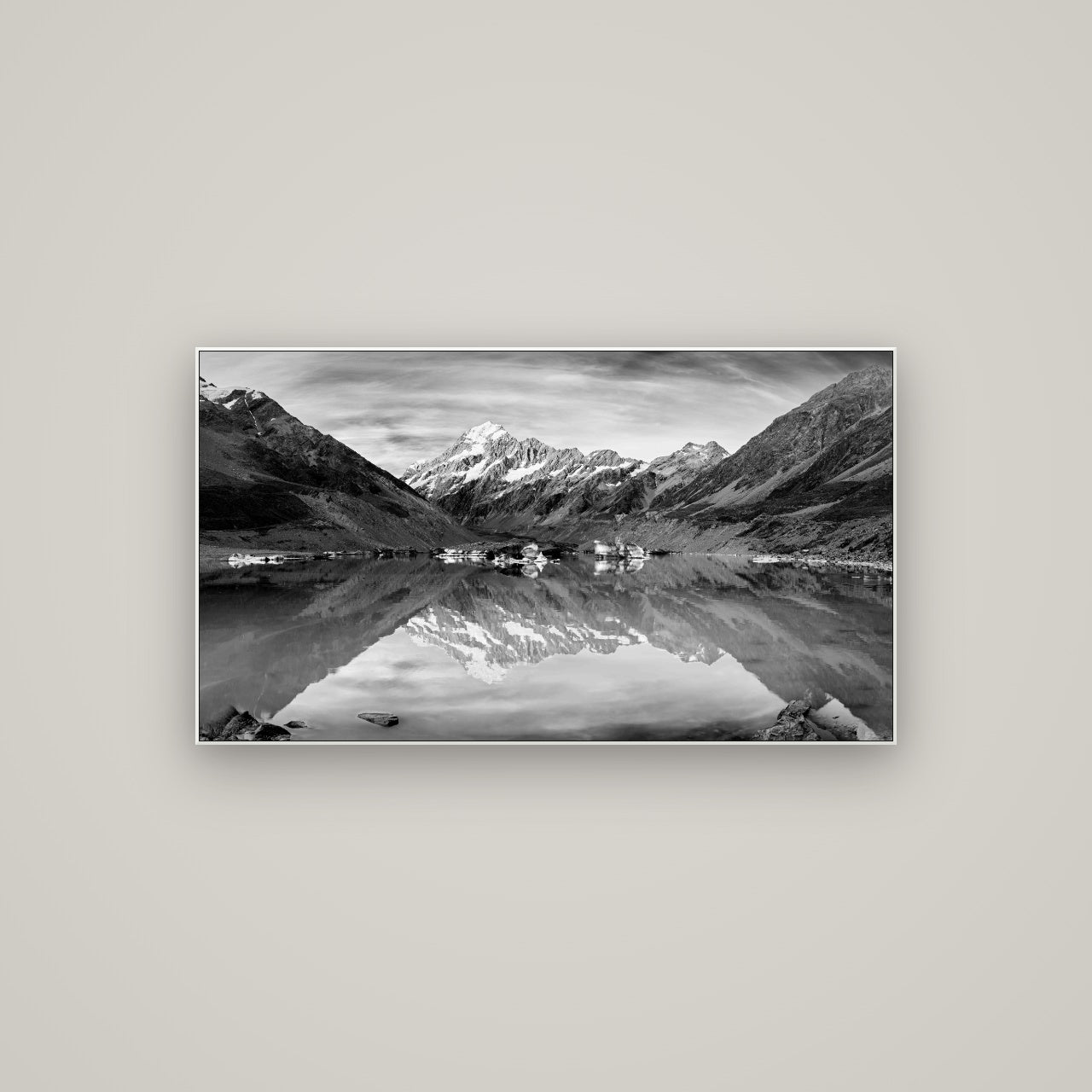 The Mirror Peak, Mount Cook — ArtBox White, 107×60 cm. New Zealand fine art wall art by Stephen Milner.