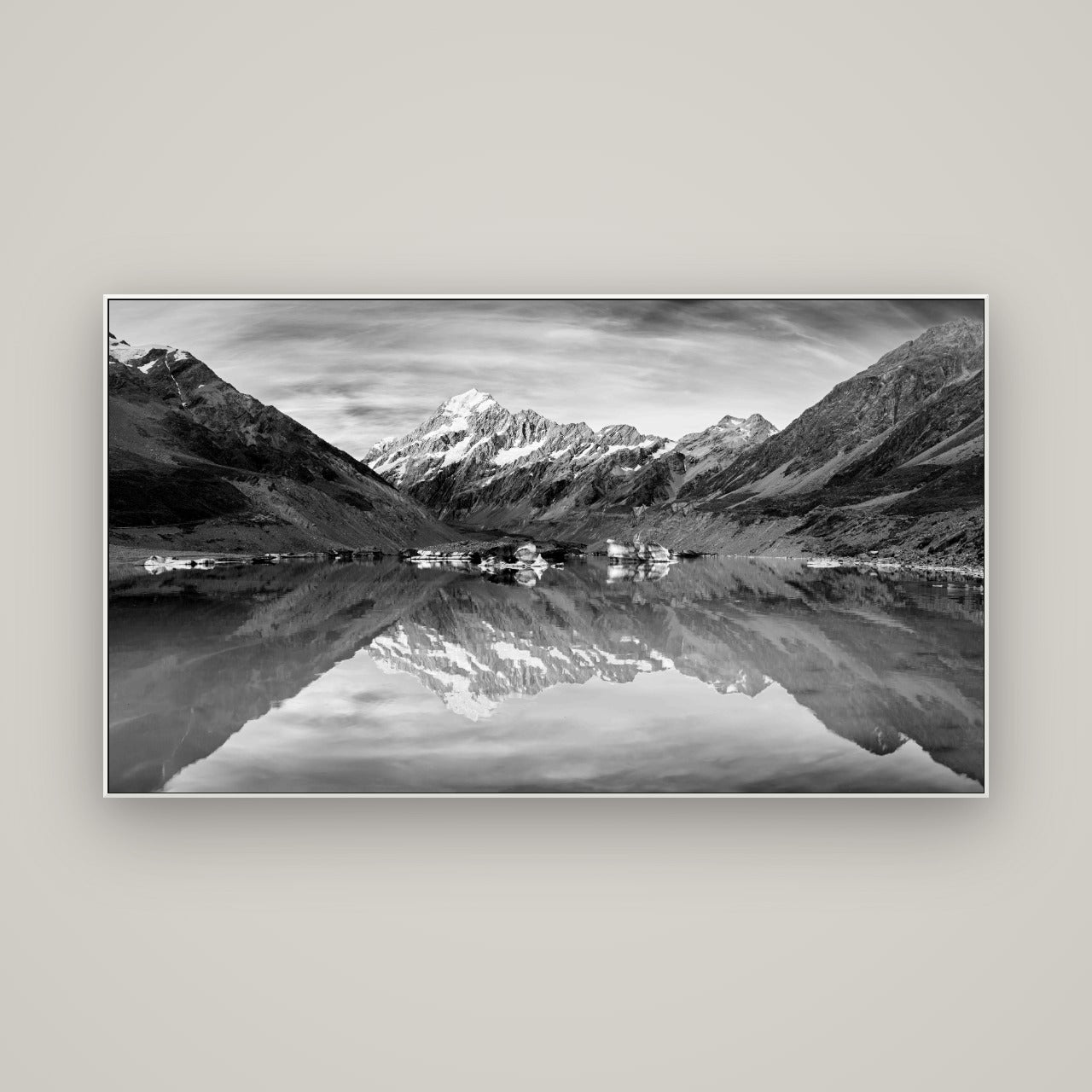 The Mirror Peak, Mount Cook — ArtBox White, 160×90 cm. New Zealand fine art wall art by Stephen Milner.