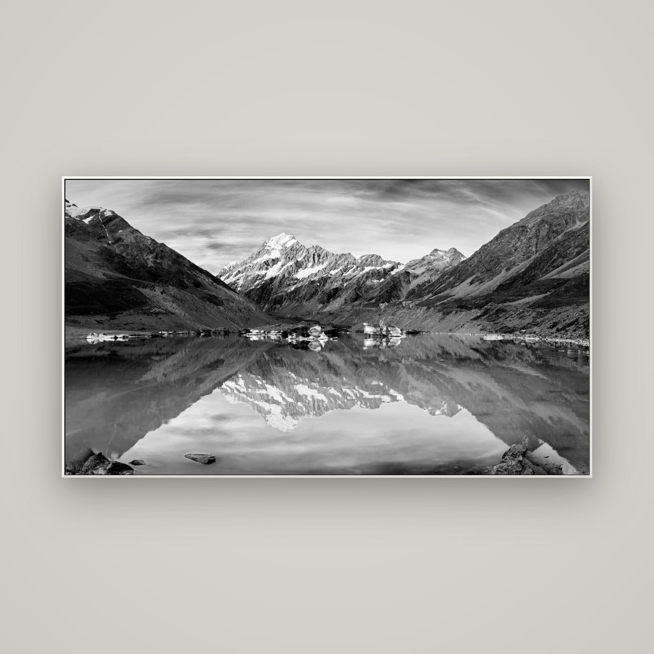 The Mirror Peak, Mount Cook — ArtBox White, 160×90 cm. New Zealand fine art wall art by Stephen Milner.