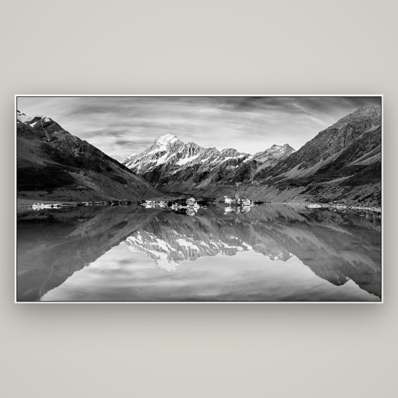 The Mirror Peak, Mount Cook — ArtBox White, 196×110 cm. New Zealand fine art wall art by Stephen Milner.