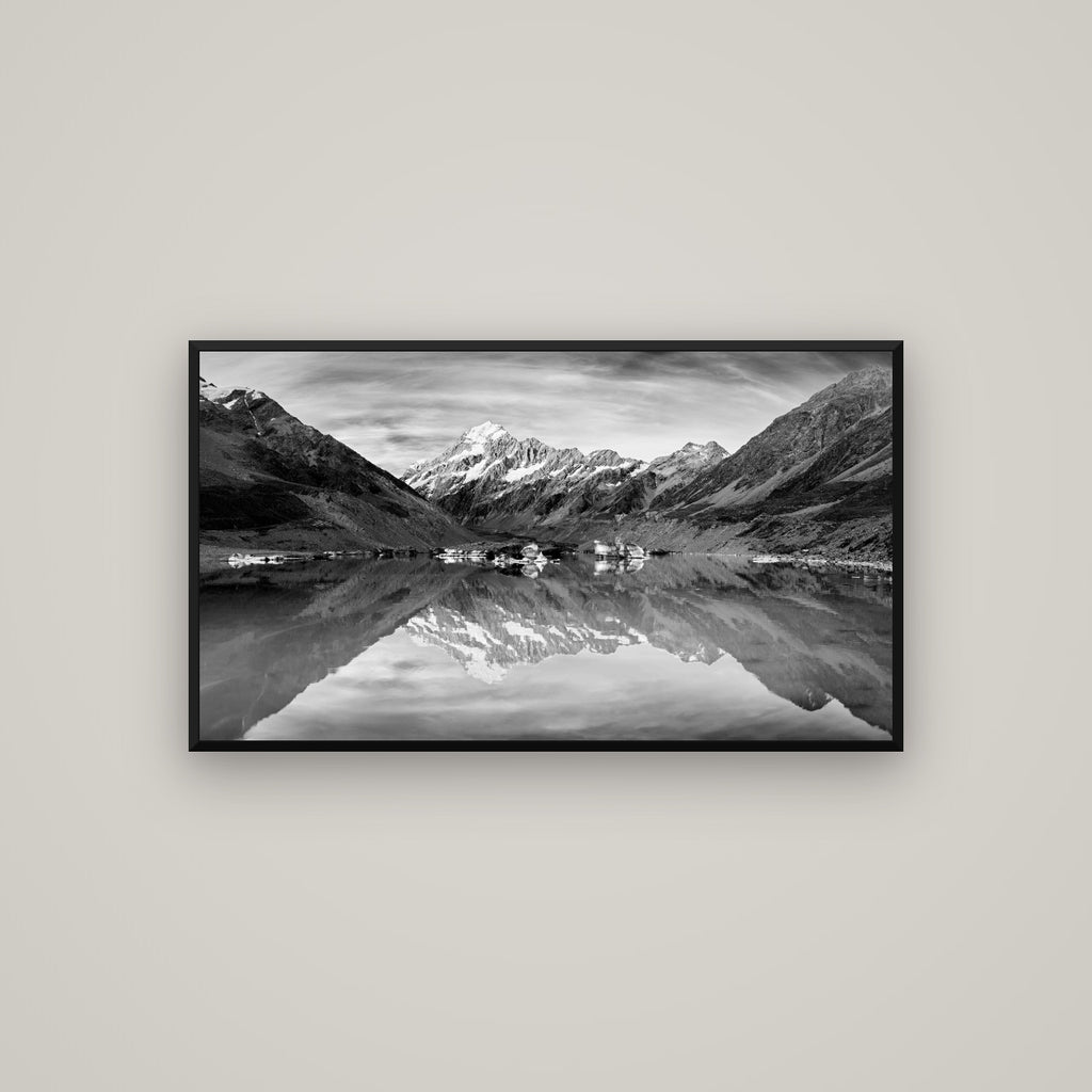 The Mirror Peak, Mount Cook — Basel Black Matte, 107×60 cm. New Zealand fine art wall art by Stephen Milner.