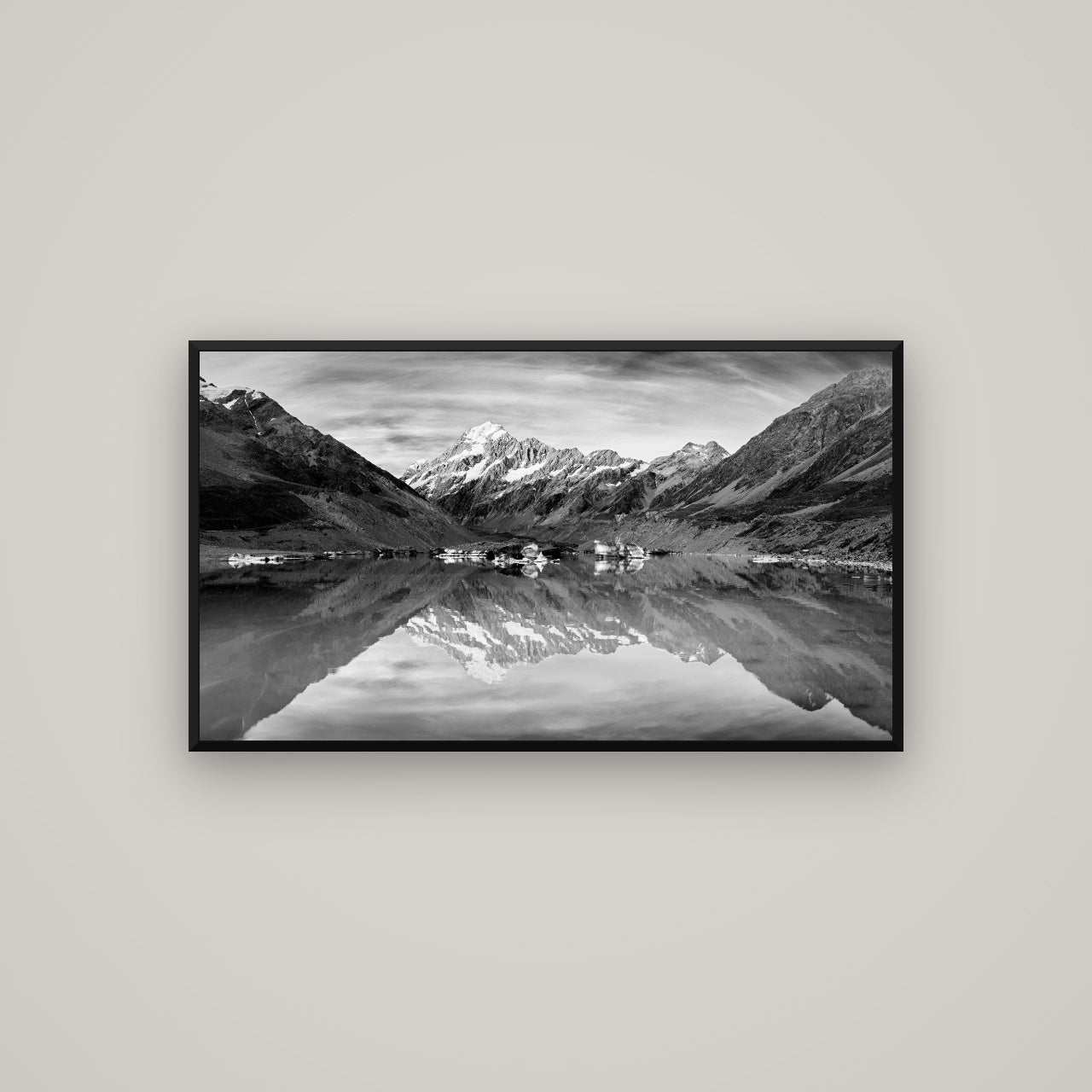 The Mirror Peak, Mount Cook — Basel Black, 107×60 cm. New Zealand fine art wall art by Stephen Milner.