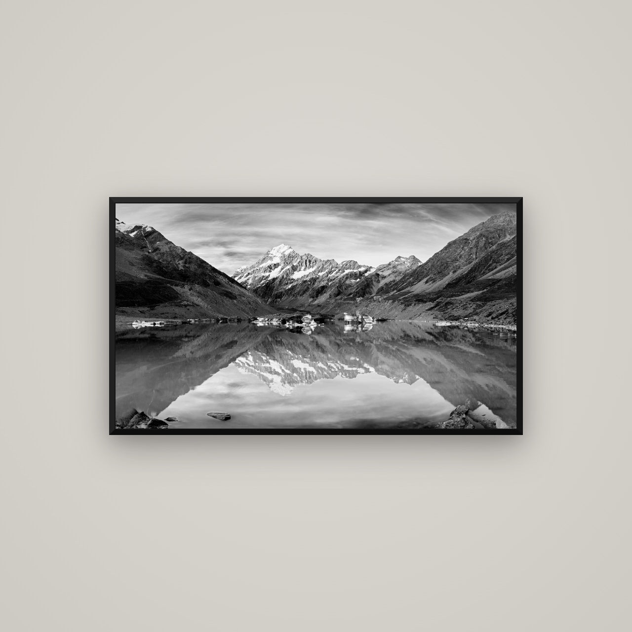 The Mirror Peak, Mount Cook — Basel Black, 107×60 cm. New Zealand fine art wall art by Stephen Milner.