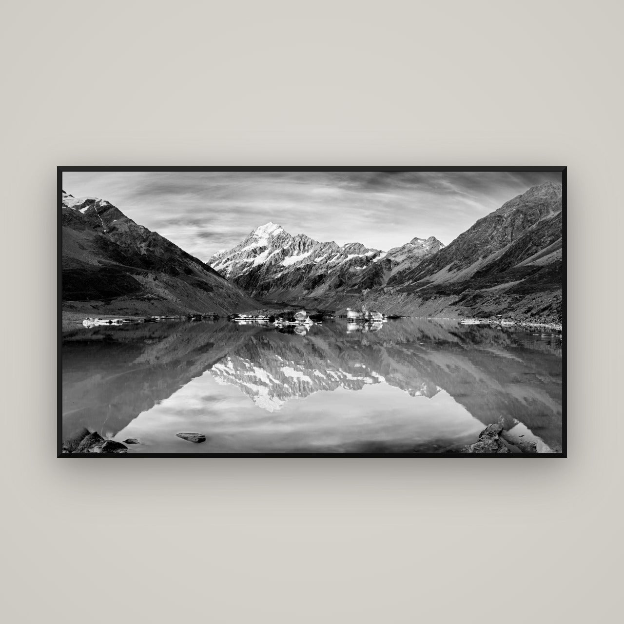 The Mirror Peak, Mount Cook — Basel Black, 160×90 cm. New Zealand fine art wall art by Stephen Milner.