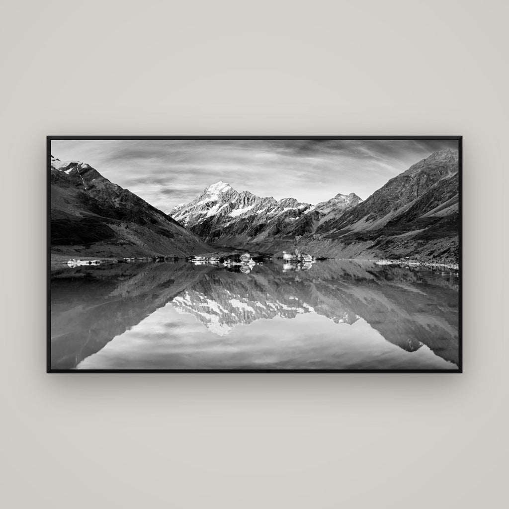 The Mirror Peak, Mount Cook — Basel Black Matte, 160×90 cm. New Zealand fine art wall art by Stephen Milner.