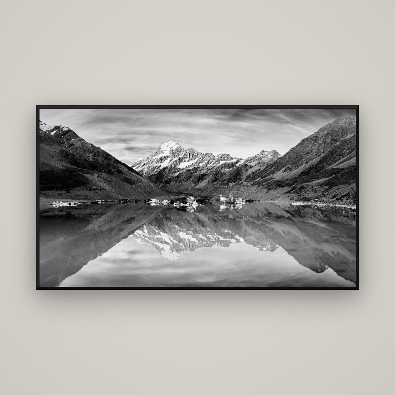 The Mirror Peak, Mount Cook — Basel Black, 160×90 cm. New Zealand fine art wall art by Stephen Milner.