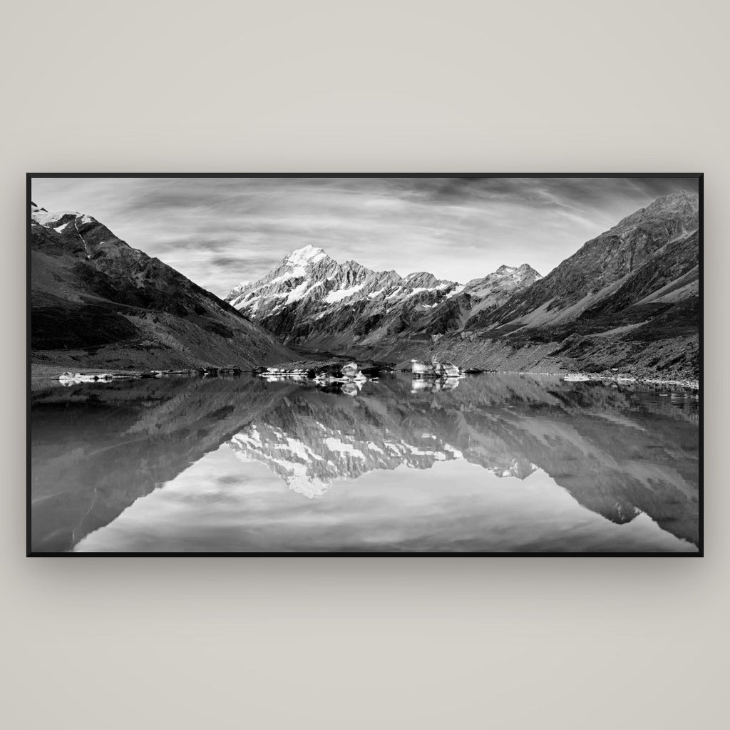 The Mirror Peak, Mount Cook — Basel Black Matte, 196×110 cm. New Zealand fine art wall art by Stephen Milner.