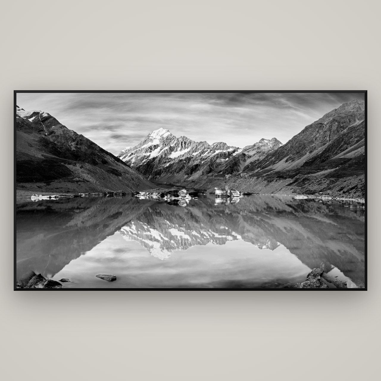 The Mirror Peak, Mount Cook — Basel Black, 196×110 cm. New Zealand fine art wall art by Stephen Milner.