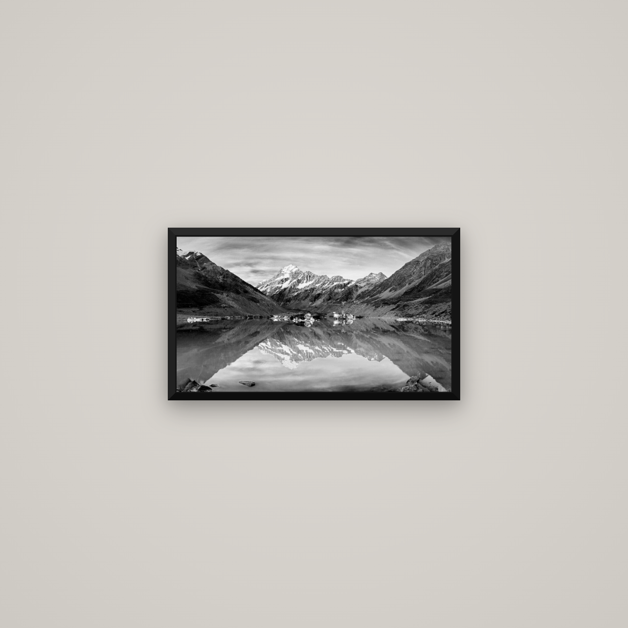 The Mirror Peak, Mount Cook — Basel Black Matte, 53×30 cm. New Zealand fine art wall art by Stephen Milner.