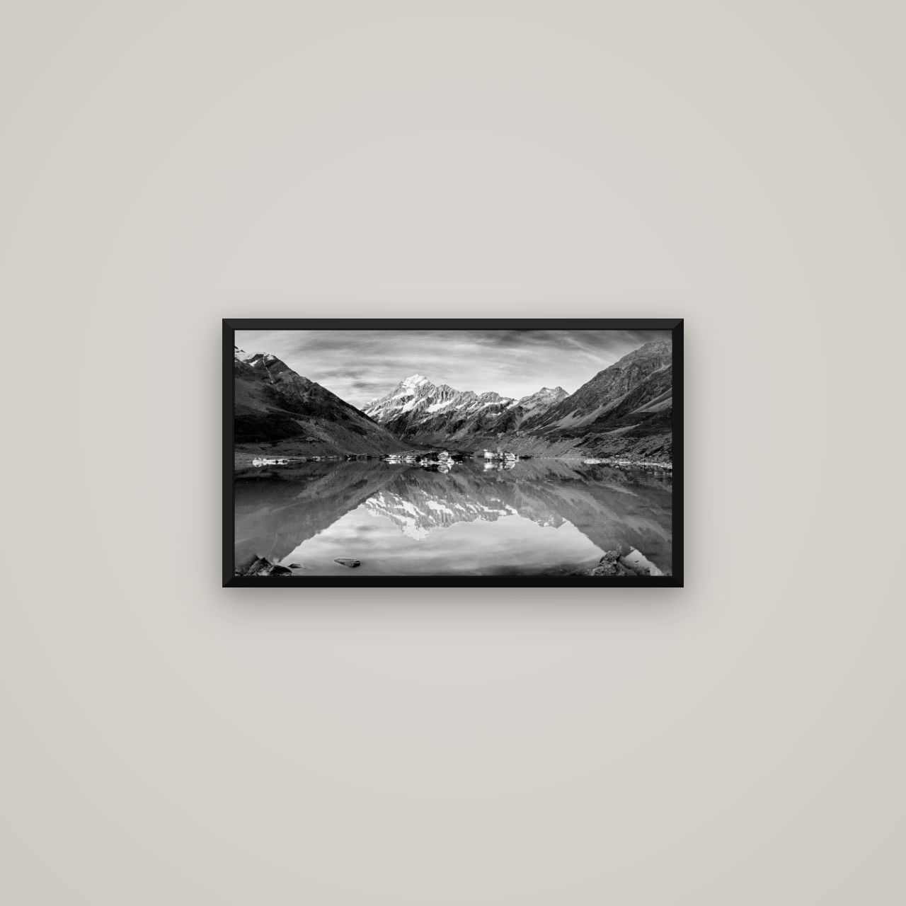 The Mirror Peak, Mount Cook — Basel Black Matte, 64×36 cm. New Zealand fine art wall art by Stephen Milner.