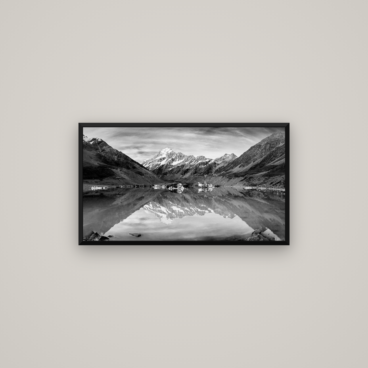 The Mirror Peak, Mount Cook — Basel Black Matte, 80×45 cm. New Zealand fine art wall art by Stephen Milner.
