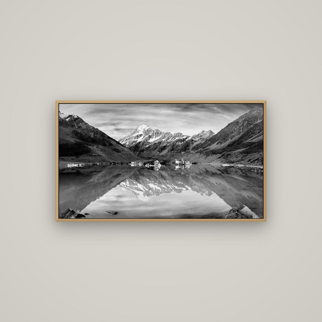 The Mirror Peak, Mount Cook, Basel Natural Oak, 107×60 cm. New Zealand fine art wall art by Stephen Milner.