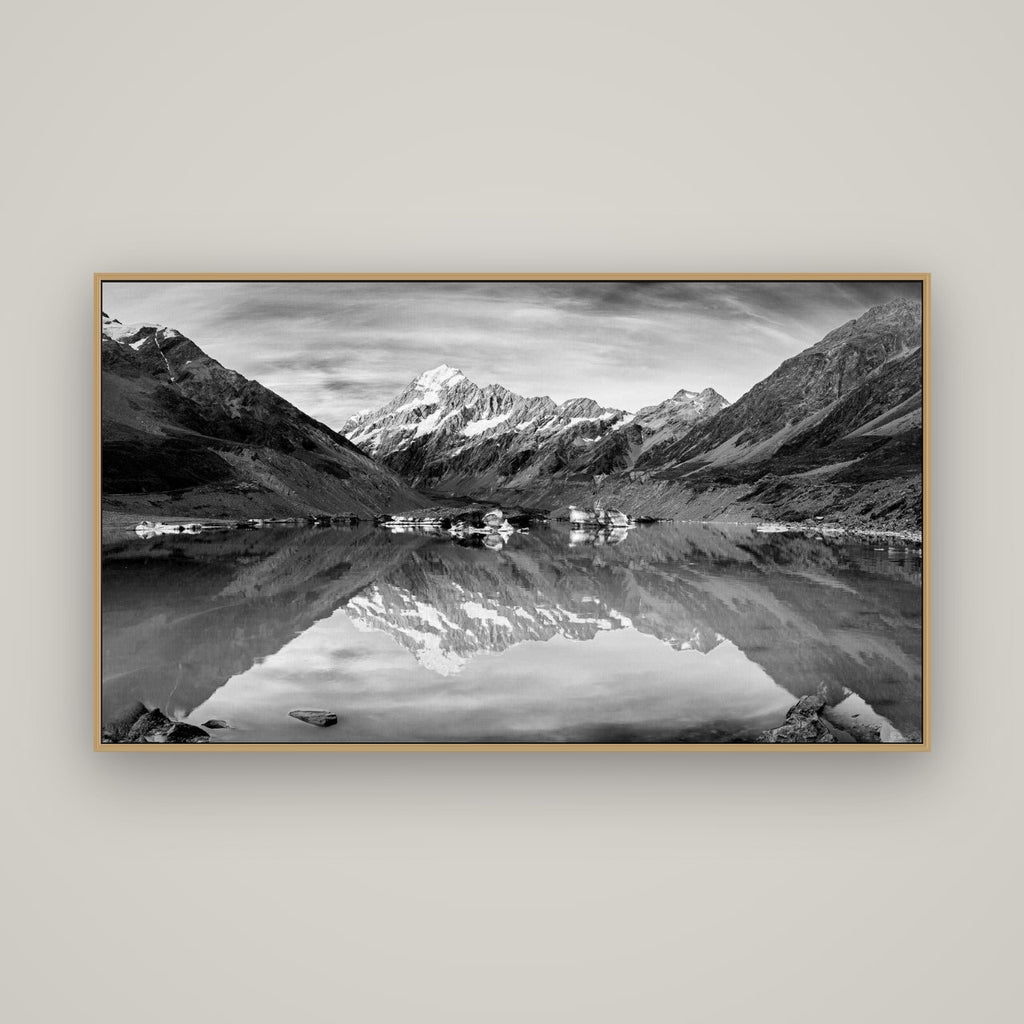 The Mirror Peak, Mount Cook, Basel Natural Oak, 160×90 cm. New Zealand fine art wall art by Stephen Milner.