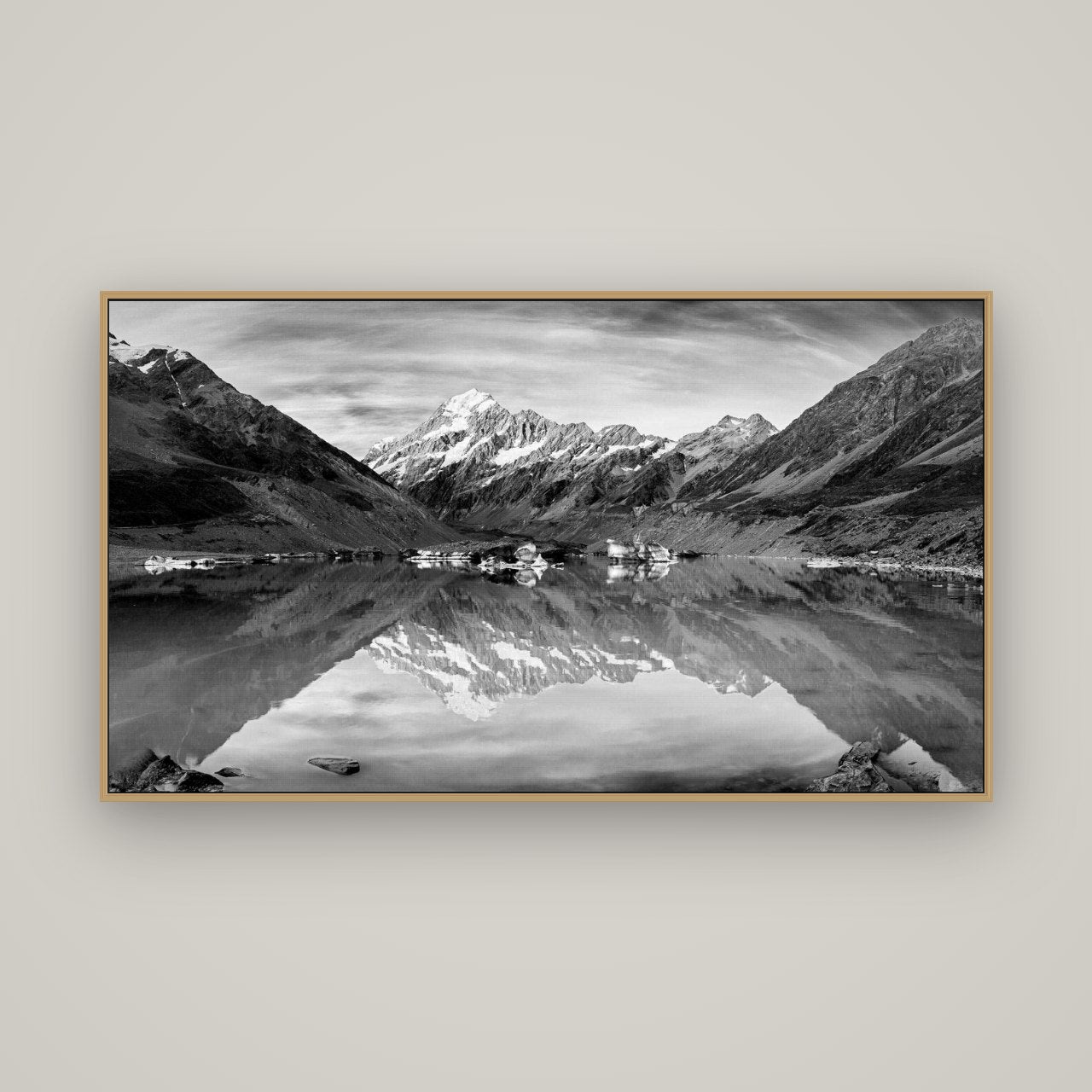 The Mirror Peak, Mount Cook, Basel Natural Oak, 160×90 cm. New Zealand fine art wall art by Stephen Milner.