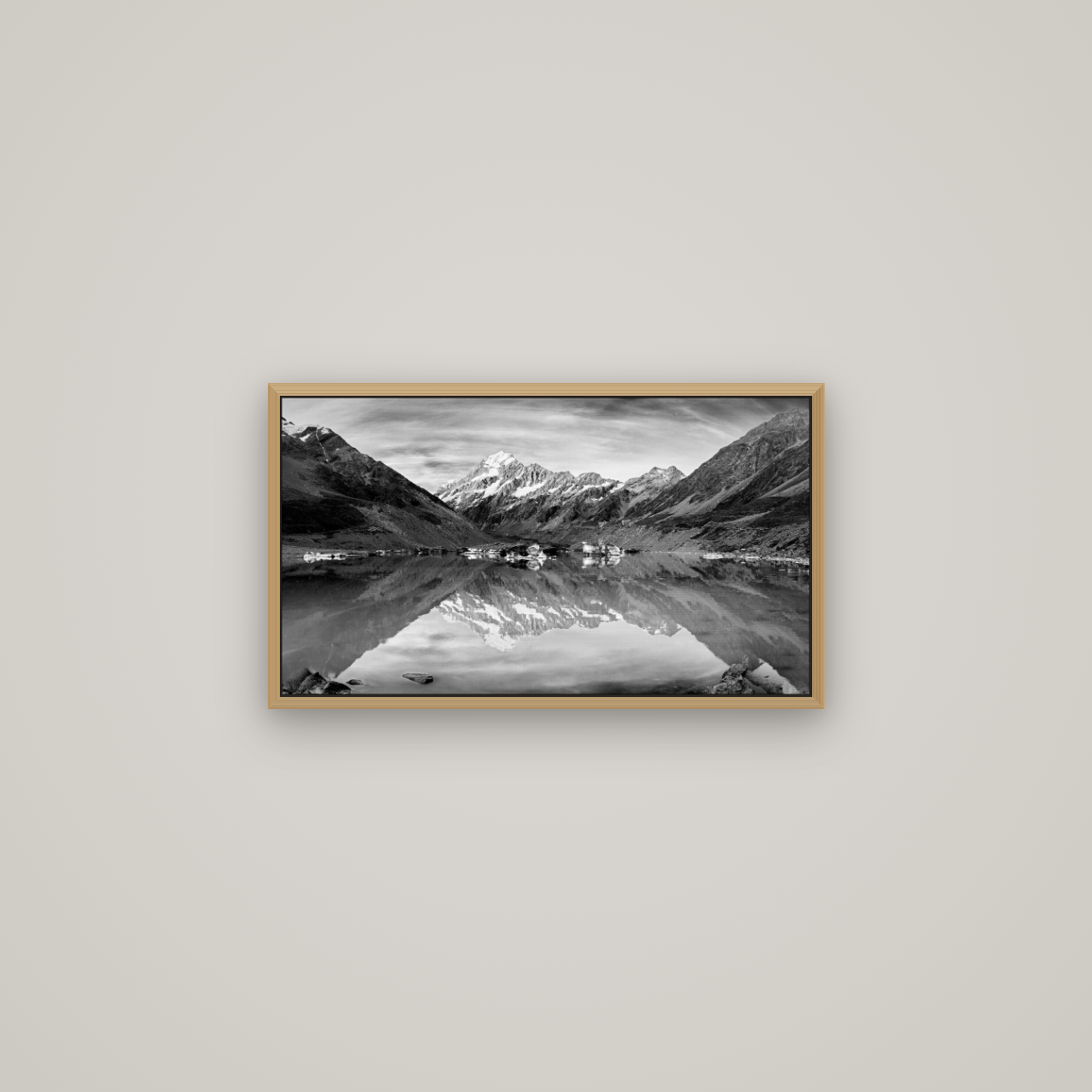 The Mirror Peak, Mount Cook, Basel Natural Oak, 64×36 cm. New Zealand fine art wall art by Stephen Milner.