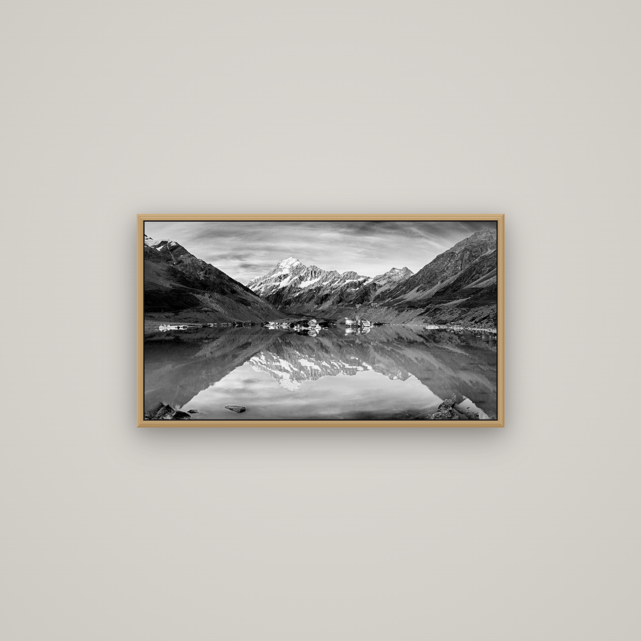 The Mirror Peak, Mount Cook, Basel Natural Oak, 80×45 cm. New Zealand fine art wall art by Stephen Milner.