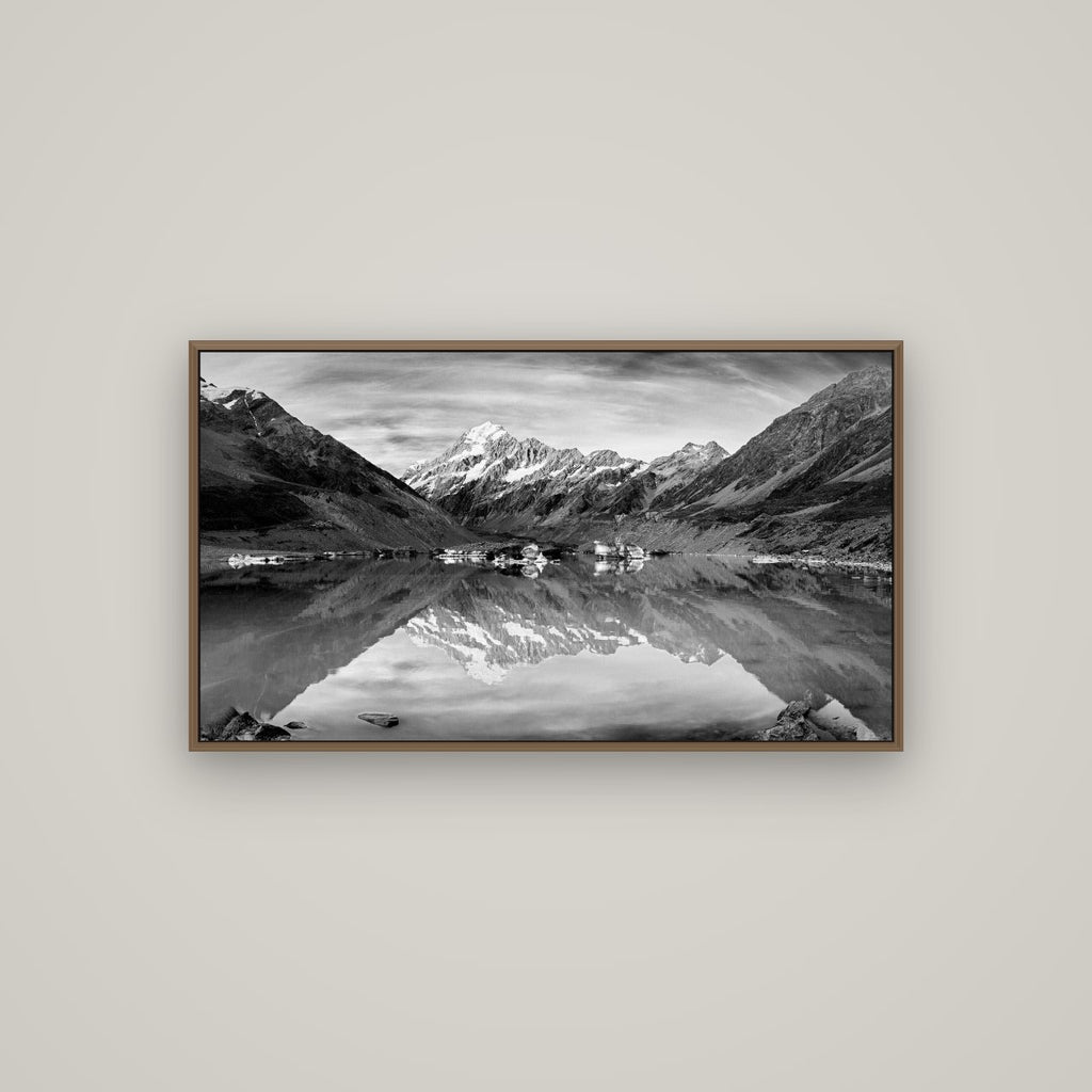 The Mirror Peak, Mount Cook, Basel Walnut, 107×60 cm. New Zealand fine art wall art by Stephen Milner.
