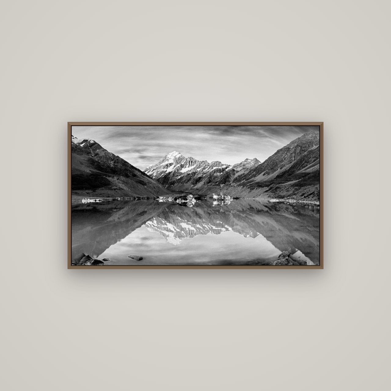 The Mirror Peak, Mount Cook, Basel Walnut, 107×60 cm. New Zealand fine art wall art by Stephen Milner.