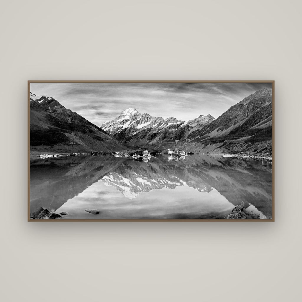 The Mirror Peak, Mount Cook, Basel Walnut, 160×90 cm. New Zealand fine art wall art by Stephen Milner.
