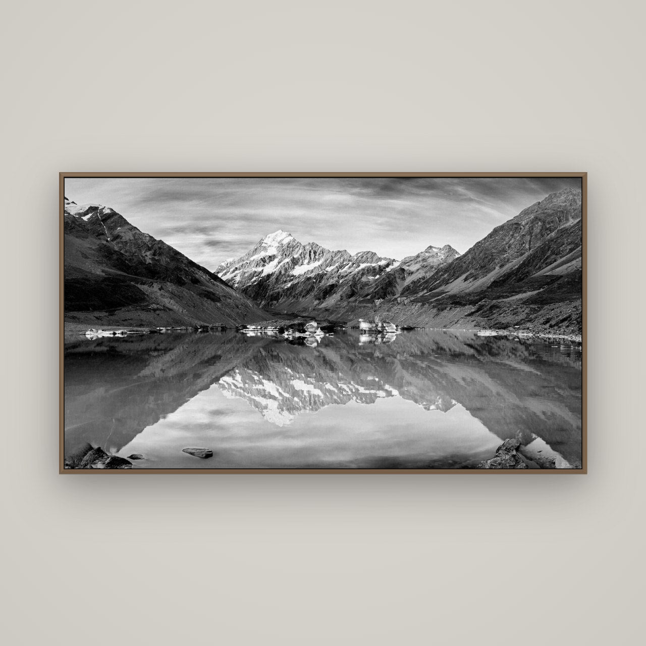 The Mirror Peak, Mount Cook, Basel Walnut, 160×90 cm. New Zealand fine art wall art by Stephen Milner.