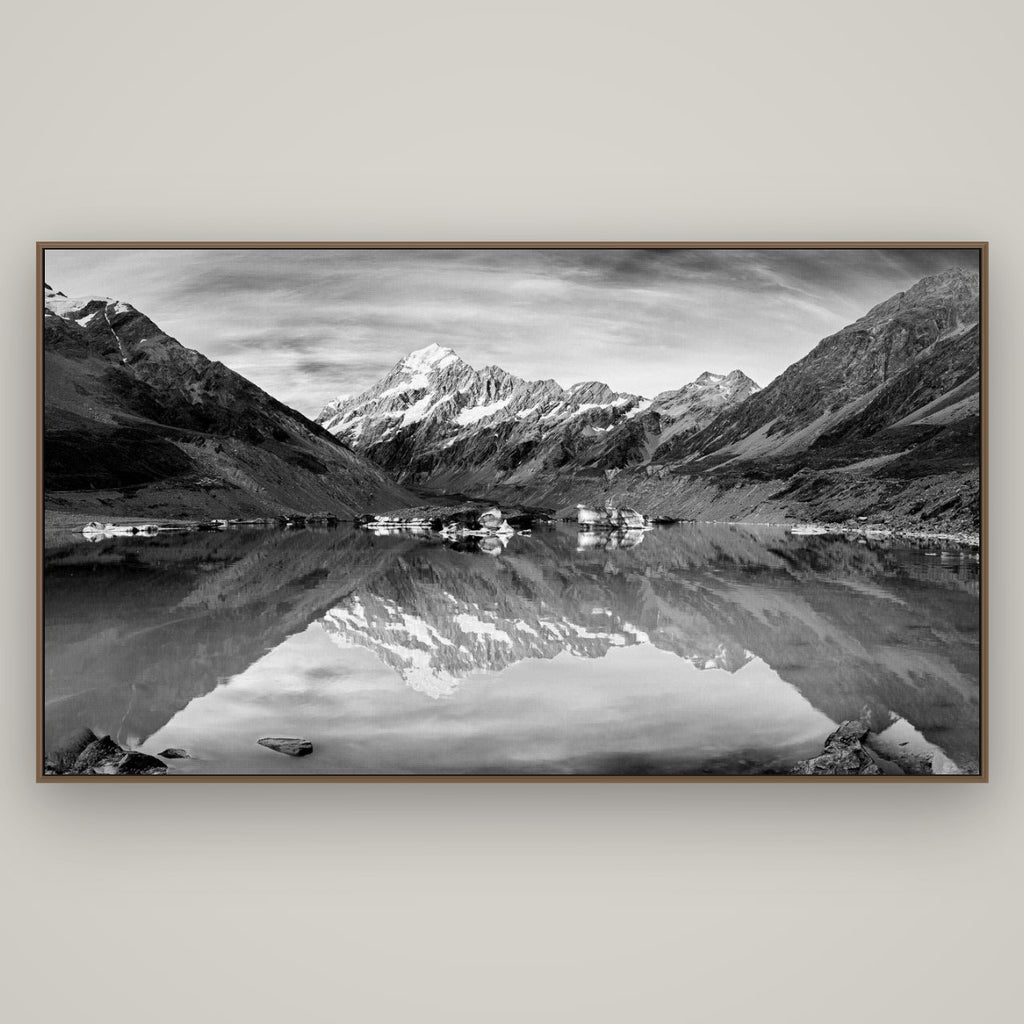 The Mirror Peak, Mount Cook, Basel Walnut, 196×110 cm. New Zealand fine art wall art by Stephen Milner.