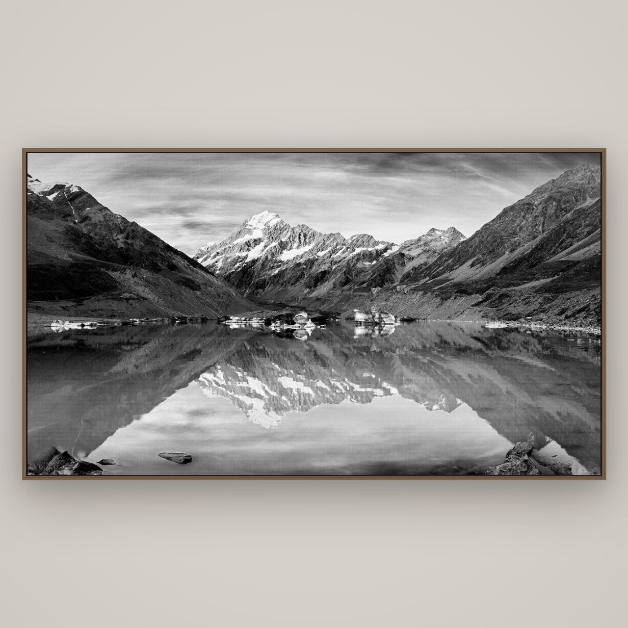The Mirror Peak, Mount Cook, Basel Walnut, 196×110 cm. New Zealand fine art wall art by Stephen Milner.