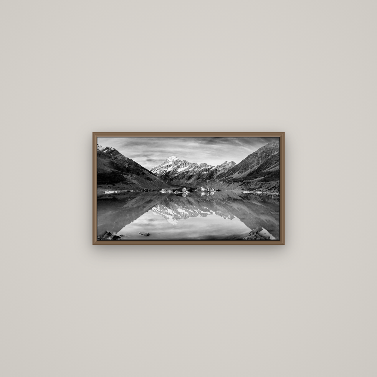 The Mirror Peak, Mount Cook, Basel Walnut, 64×36 cm. New Zealand fine art wall art by Stephen Milner.
