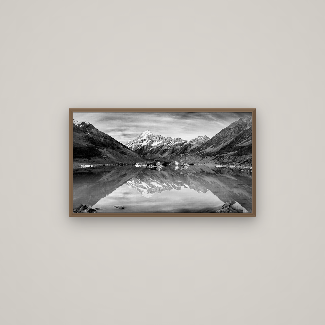 The Mirror Peak, Mount Cook, Basel Walnut, 80×45 cm. New Zealand fine art wall art by Stephen Milner.