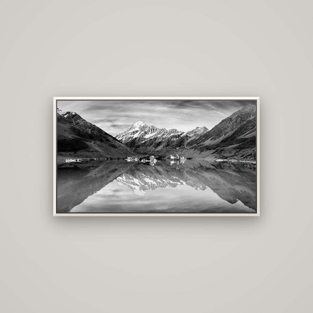 The Mirror Peak, Mount Cook — Basel White, 107×60 cm. New Zealand fine art wall art by Stephen Milner.