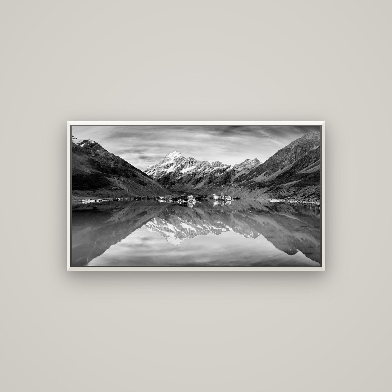 The Mirror Peak, Mount Cook — Basel White, 107×60 cm. New Zealand fine art wall art by Stephen Milner.