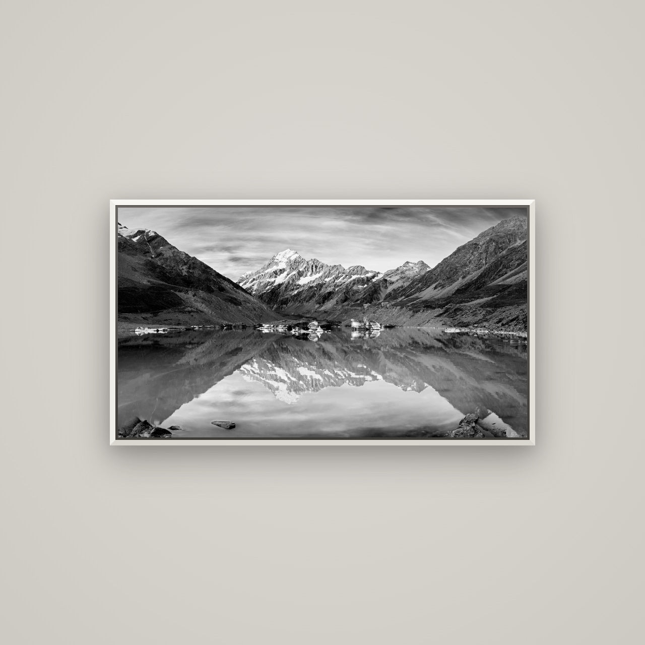 The Mirror Peak, Mount Cook — Basel White, 107×60 cm. New Zealand fine art wall art by Stephen Milner.