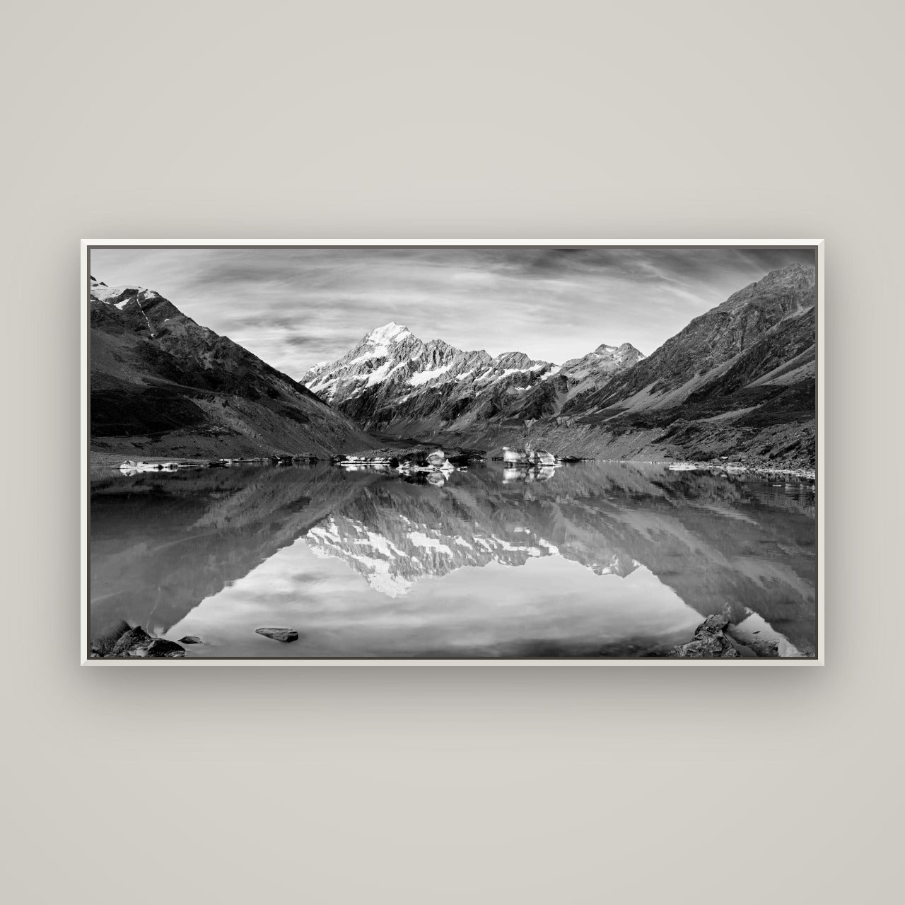 The Mirror Peak, Mount Cook — Basel White, 160×90 cm. New Zealand fine art wall art by Stephen Milner.