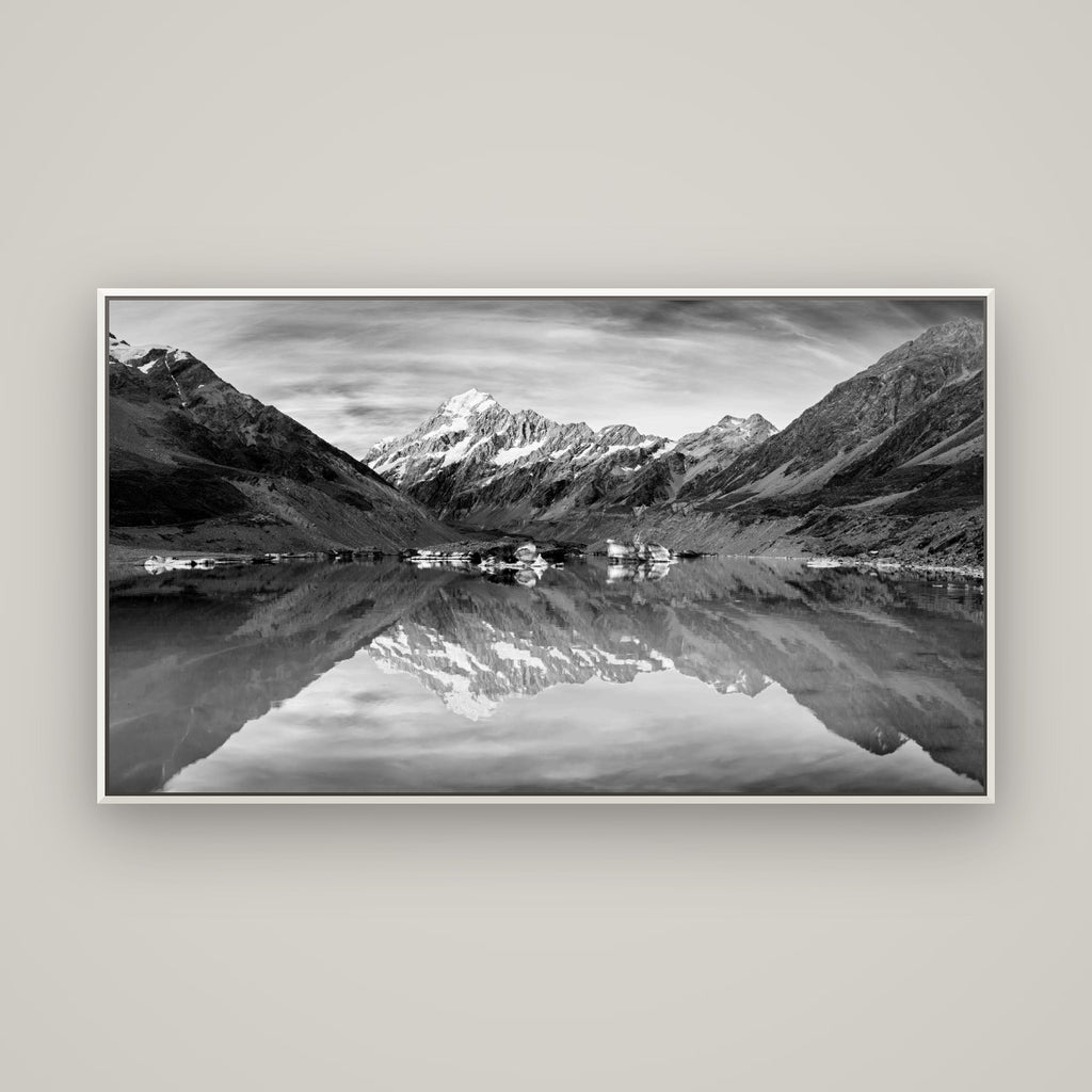 The Mirror Peak, Mount Cook — Basel White, 160×90 cm. New Zealand fine art wall art by Stephen Milner.
