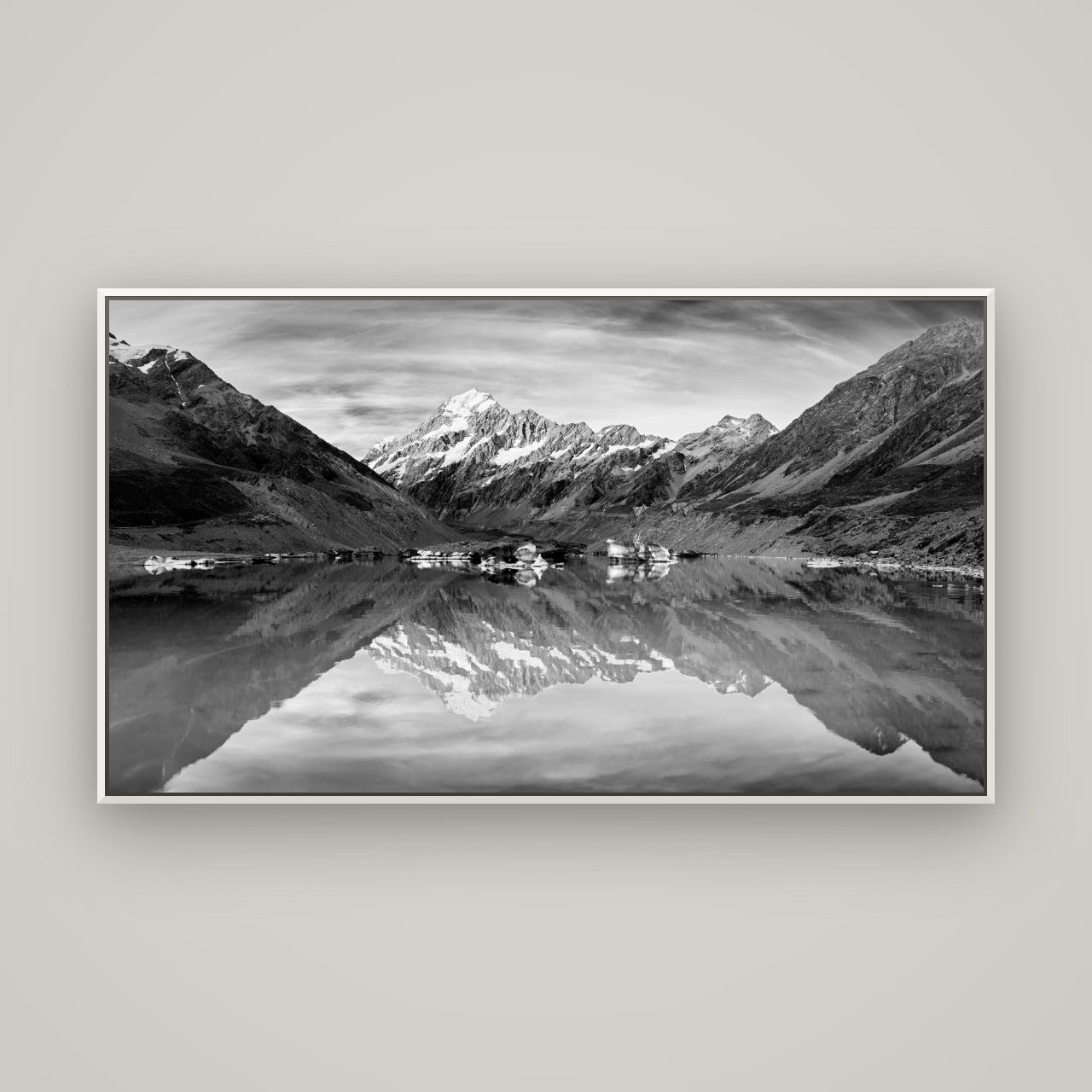 The Mirror Peak, Mount Cook — Basel White, 160×90 cm. New Zealand fine art wall art by Stephen Milner.