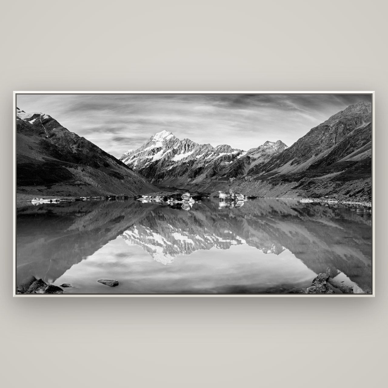 The Mirror Peak, Mount Cook — Basel White, 196×110 cm. New Zealand fine art wall art by Stephen Milner.
