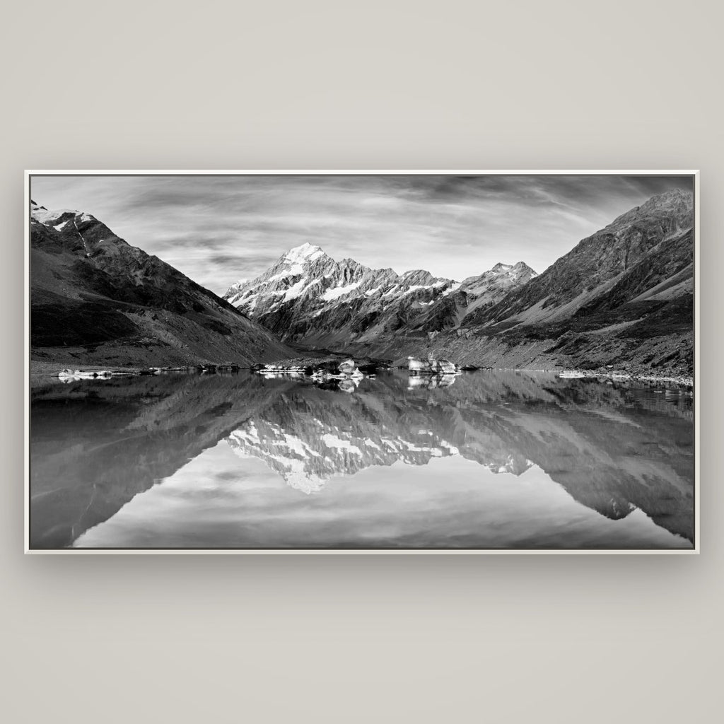 The Mirror Peak, Mount Cook — Basel White, 196×110 cm. New Zealand fine art wall art by Stephen Milner.