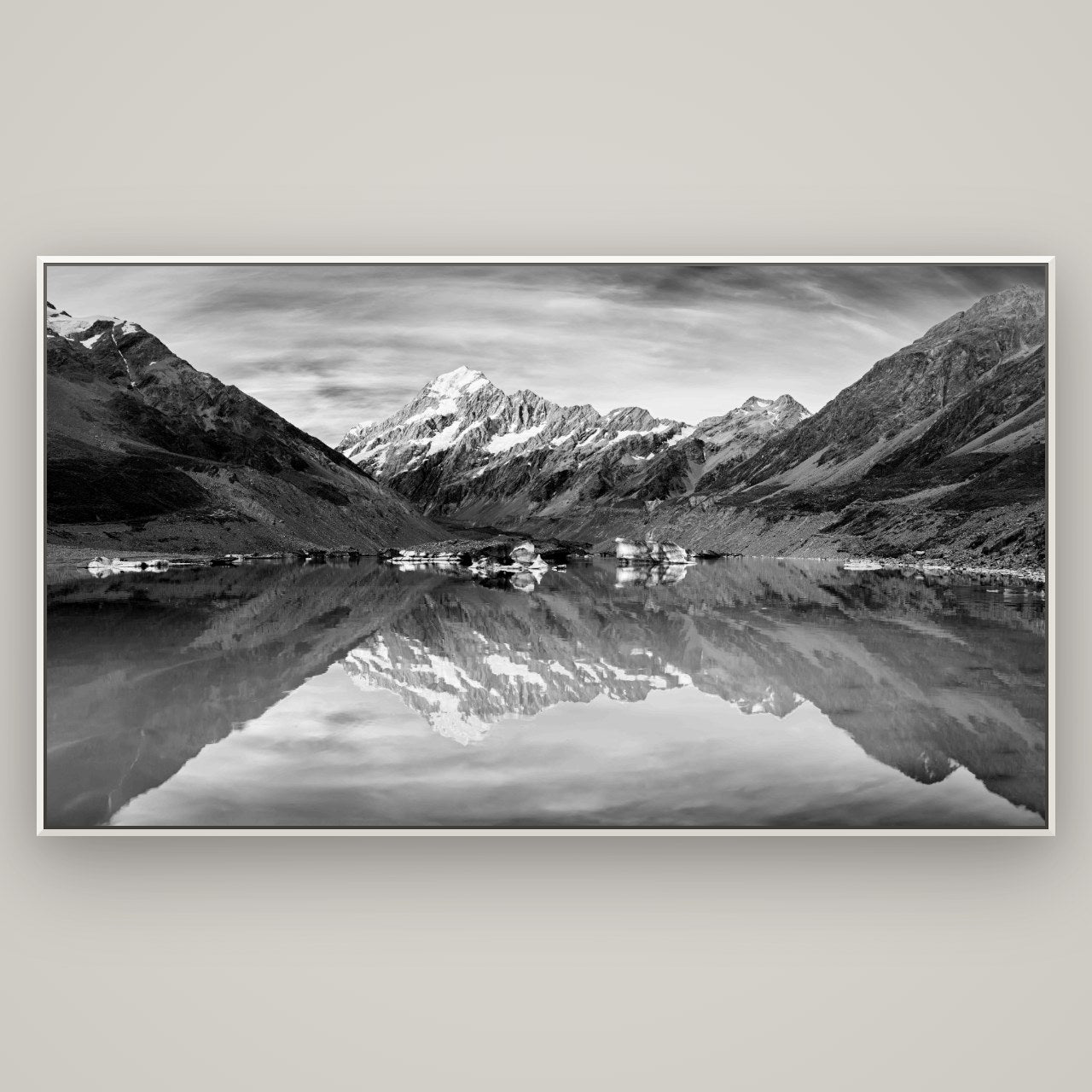 The Mirror Peak, Mount Cook — Basel White, 196×110 cm. New Zealand fine art wall art by Stephen Milner.