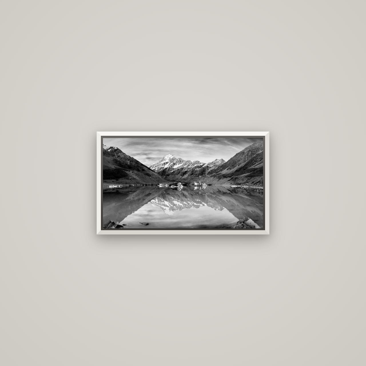 The Mirror Peak, Mount Cook — Basel White, 53×30 cm. New Zealand fine art wall art by Stephen Milner.