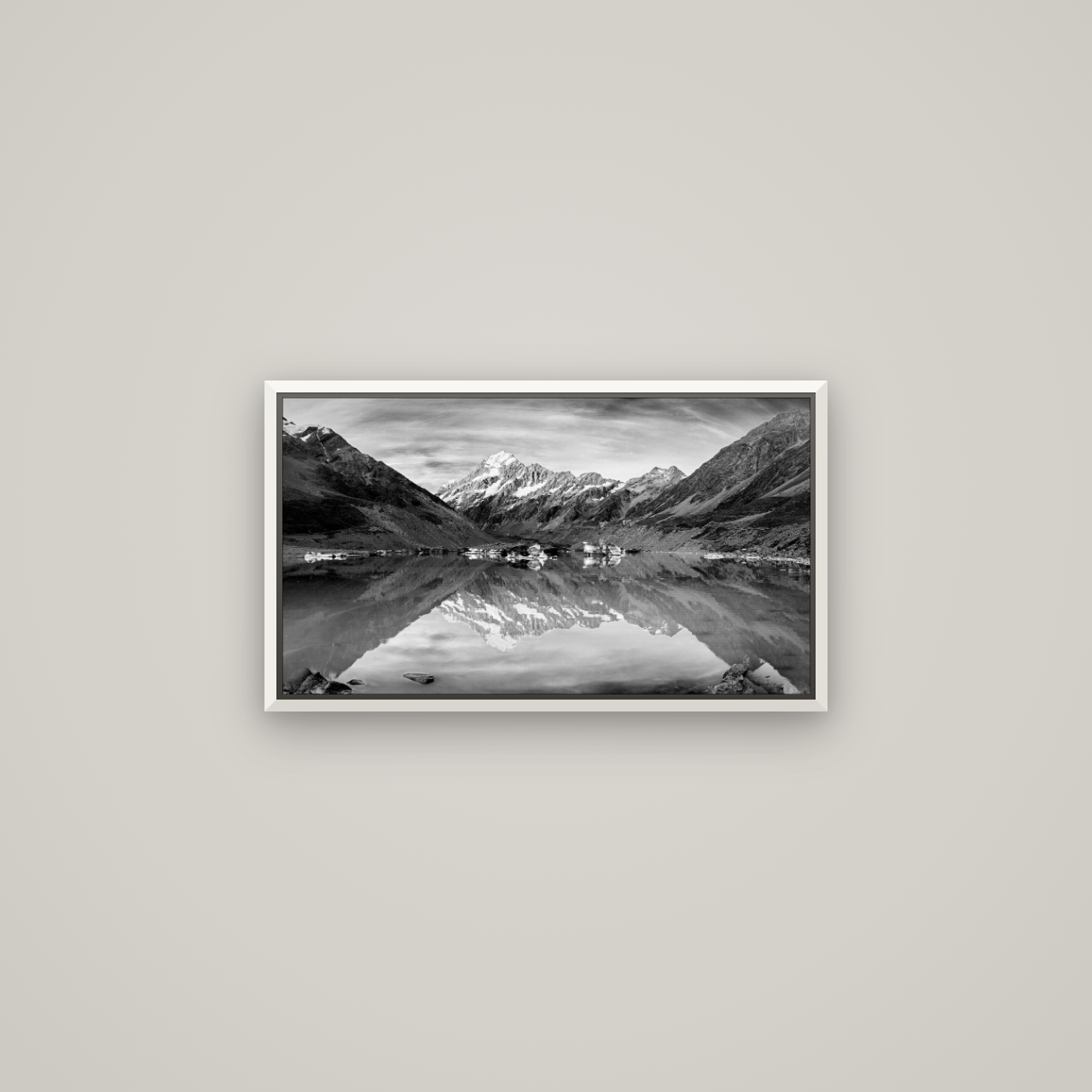 The Mirror Peak, Mount Cook — Basel White, 64×36 cm. New Zealand fine art wall art by Stephen Milner.
