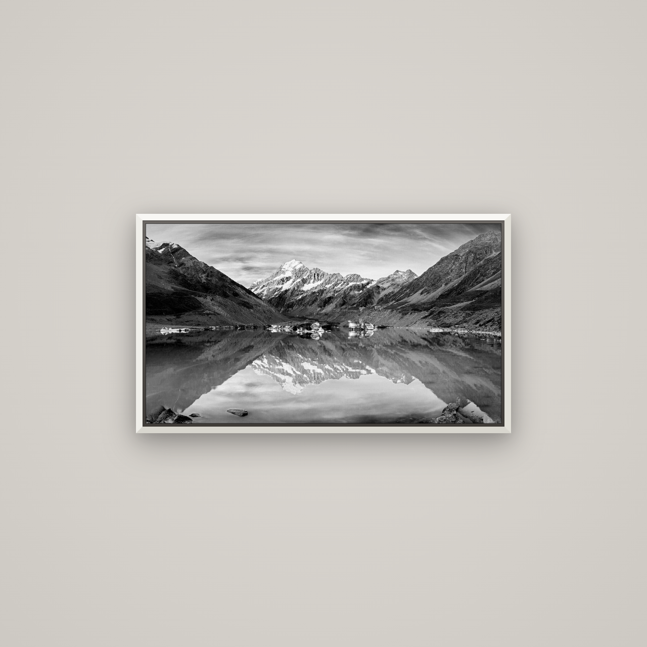 The Mirror Peak, Mount Cook — Basel White, 80×45 cm. New Zealand fine art wall art by Stephen Milner.