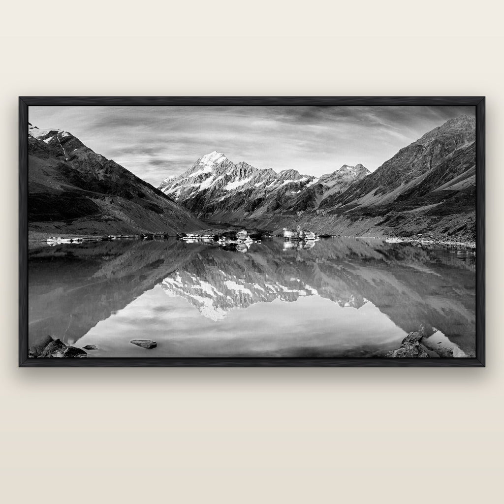 The Mirror Peak, Mount Cook — black float frame canvas, 200 × 130 cm. New Zealand fine art landscape wall art by Stephen Milner.