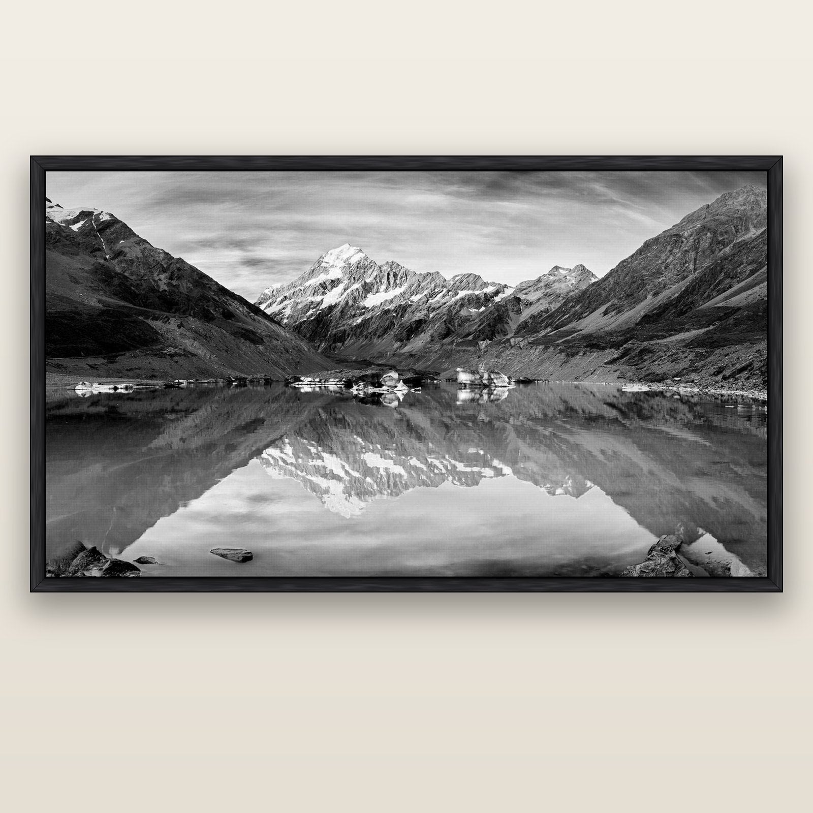 The Mirror Peak, Mount Cook — black float frame canvas, 200 × 130 cm. New Zealand fine art landscape wall art by Stephen Milner.