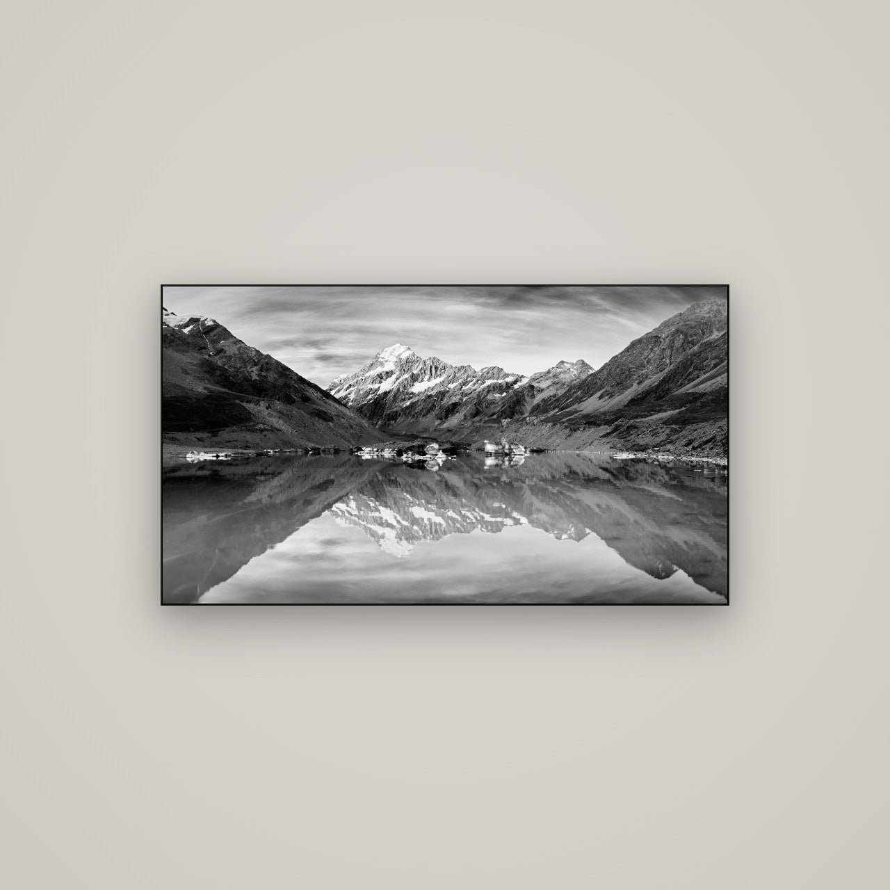 The Mirror Peak, Mount Cook — Slimline Black, 107×60 cm. New Zealand fine art wall art by Stephen Milner.