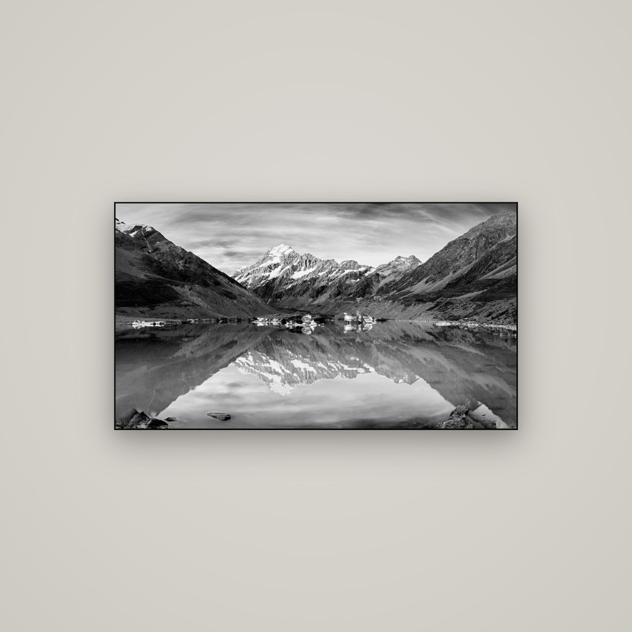 The Mirror Peak, Mount Cook — Slimline Black, 107×60 cm. New Zealand fine art wall art by Stephen Milner.