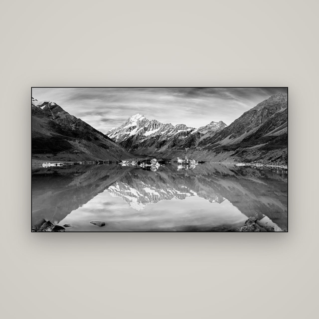 The Mirror Peak, Mount Cook — Slimline Black, 160×90 cm. New Zealand fine art wall art by Stephen Milner.