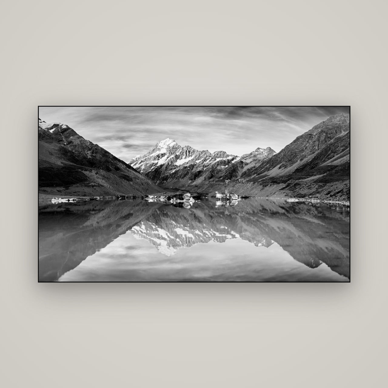 The Mirror Peak, Mount Cook — Slimline Black, 160×90 cm. New Zealand fine art wall art by Stephen Milner.